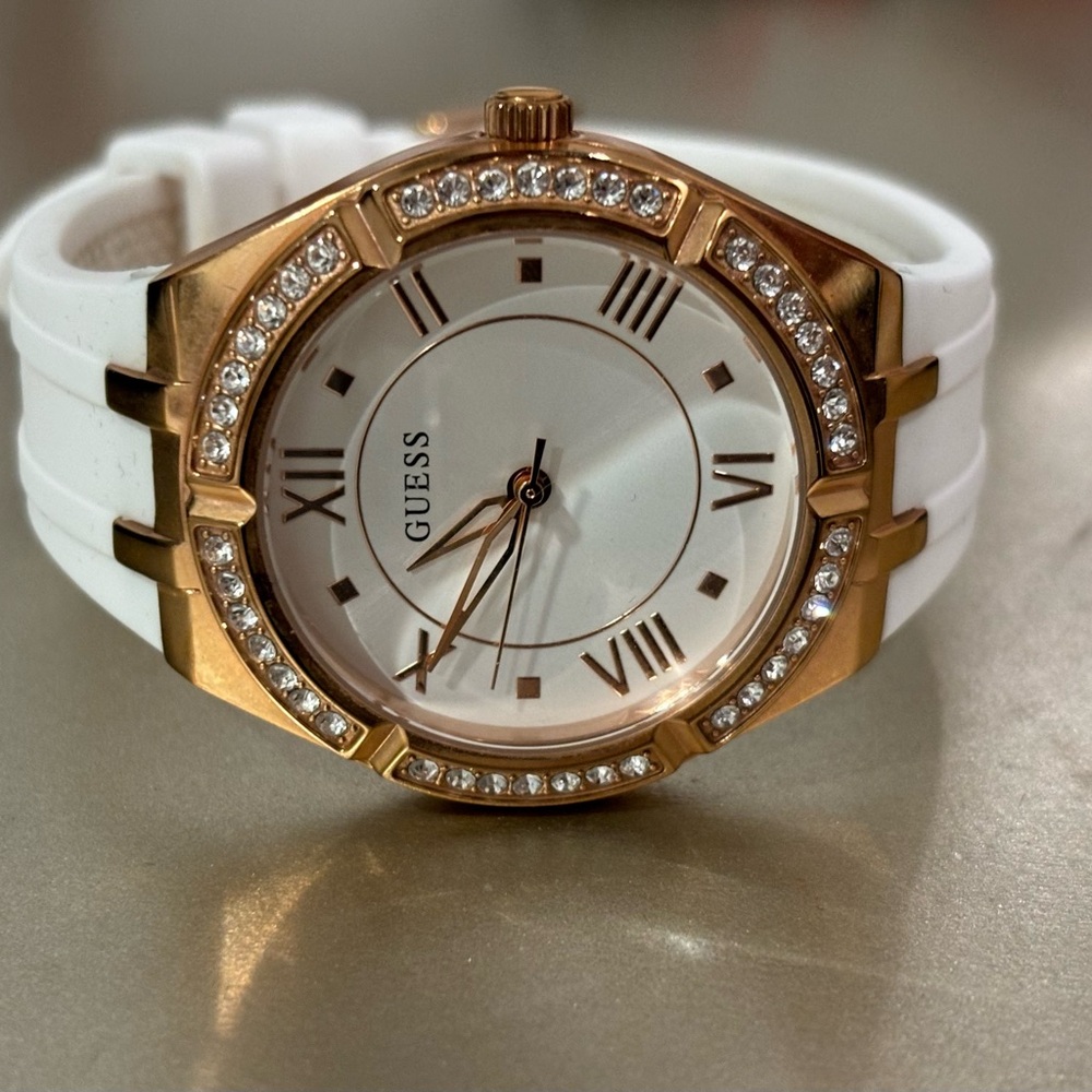 Guess Women's White and Rose Gold Watch